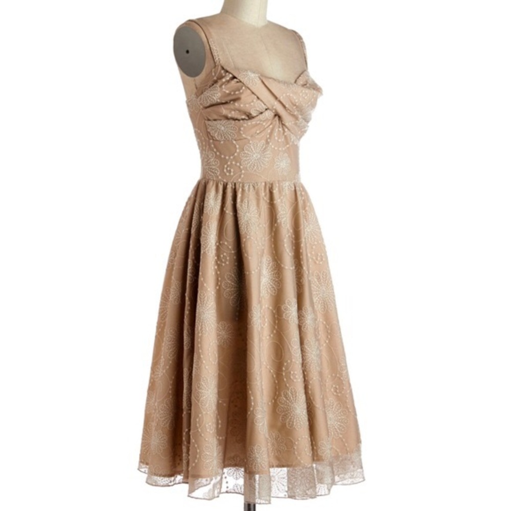 Stop Staring Beige Embroidered Mesh Swing Dress